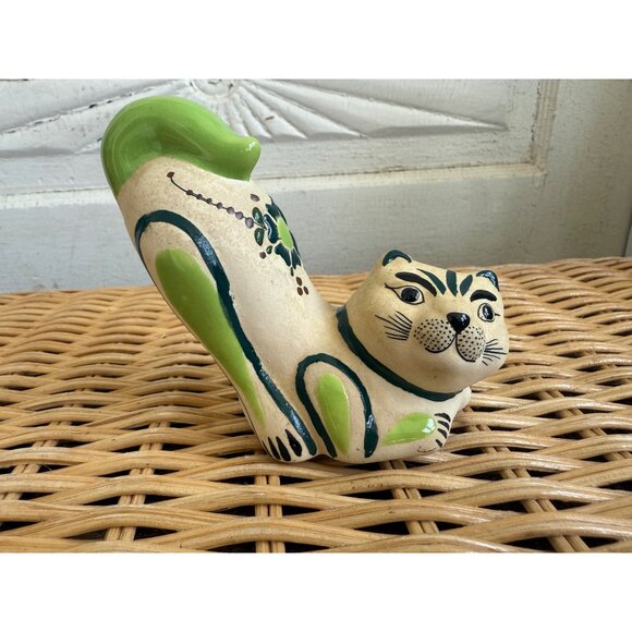 Vintage MCM Tonala Mexican Art Pottery Stretching Cat Kitty Hand Painted Floral - Picture 11 of 12